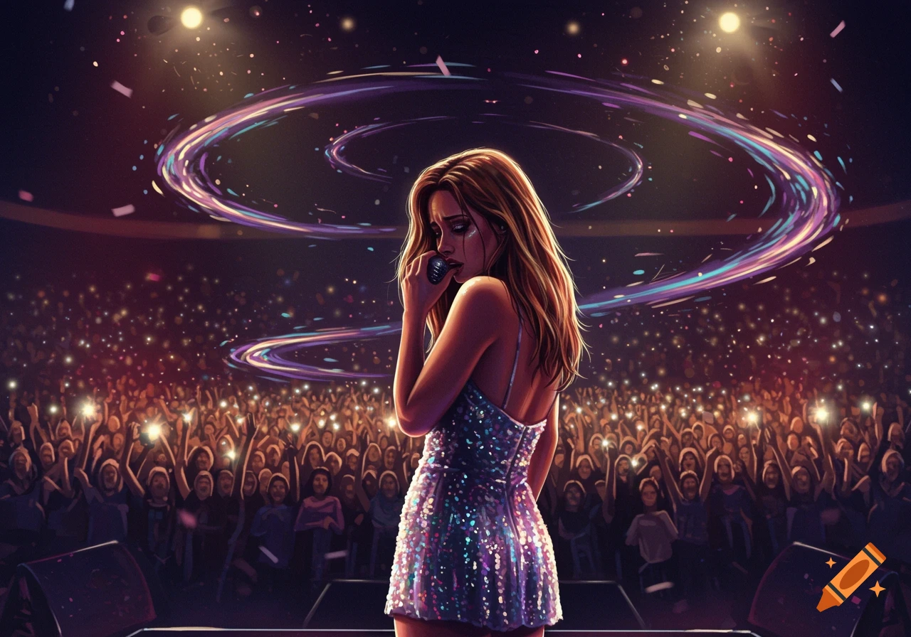 A female pop singer in a sparkling dress stands on stage, facing away from a cheering crowd with glowing phones, under swirling purple lights.