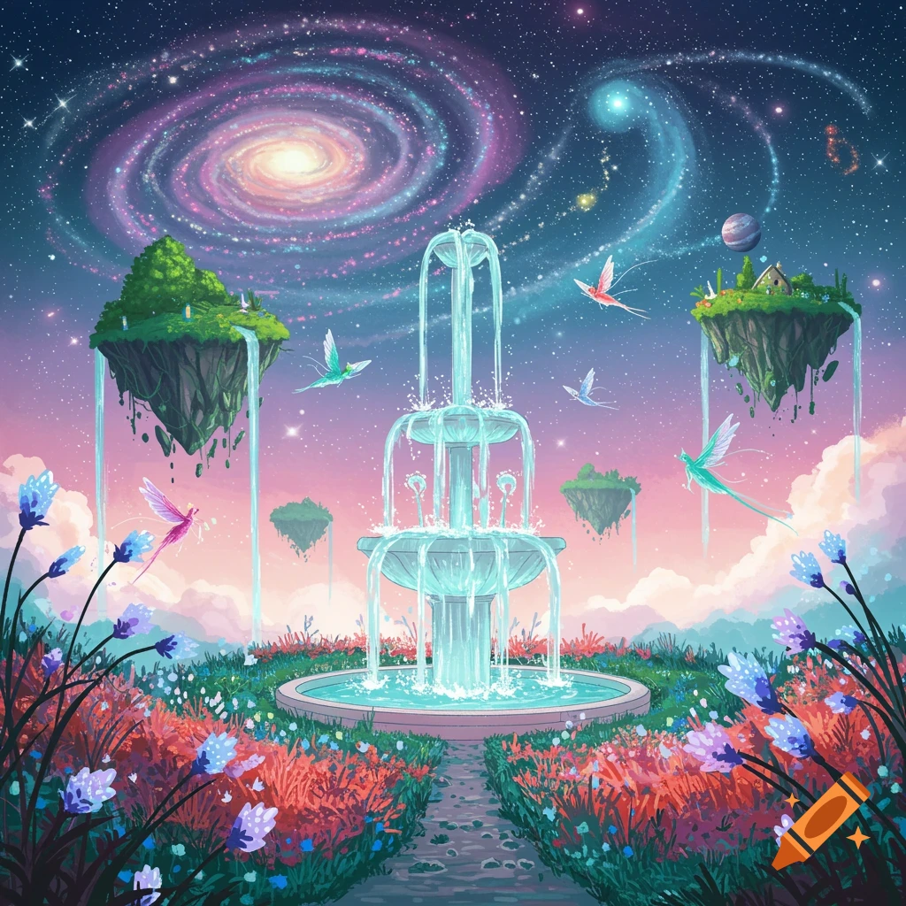 A vibrant, fantastical landscape with a tiered fountain, floating islands, and colorful flowers under a starry galaxy sky.
