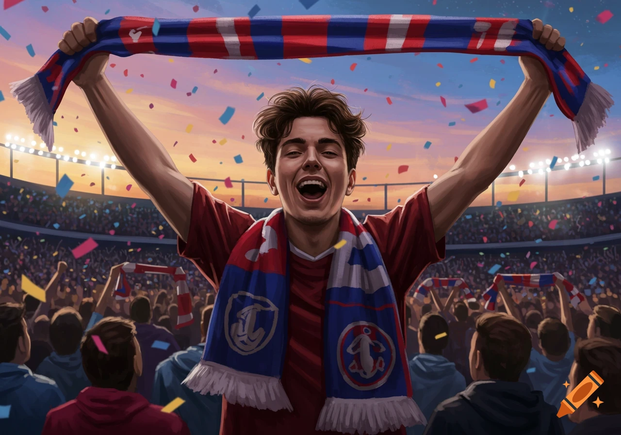 A young male soccer fan cheers excitedly in a stadium at sunset, holding a scarf overhead as confetti falls around him.