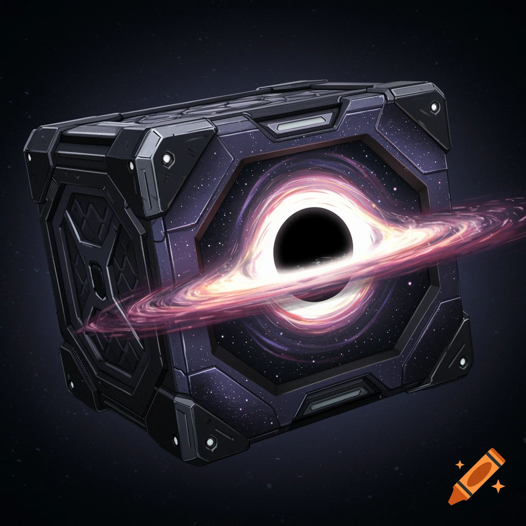 A dark, futuristic sci-fi crate with a glowing black hole and accretion disk on its front, against a starry background.