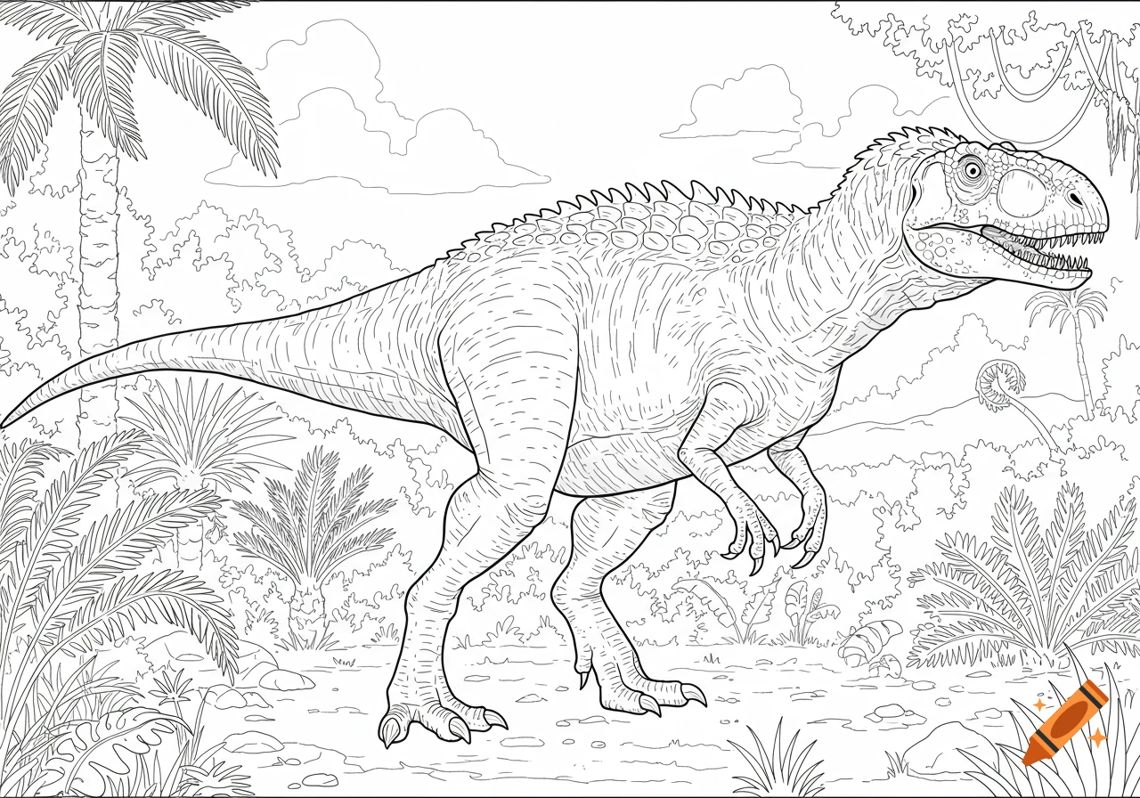 Line art coloring page of an allosaurus in a prehistoric jungle setting.