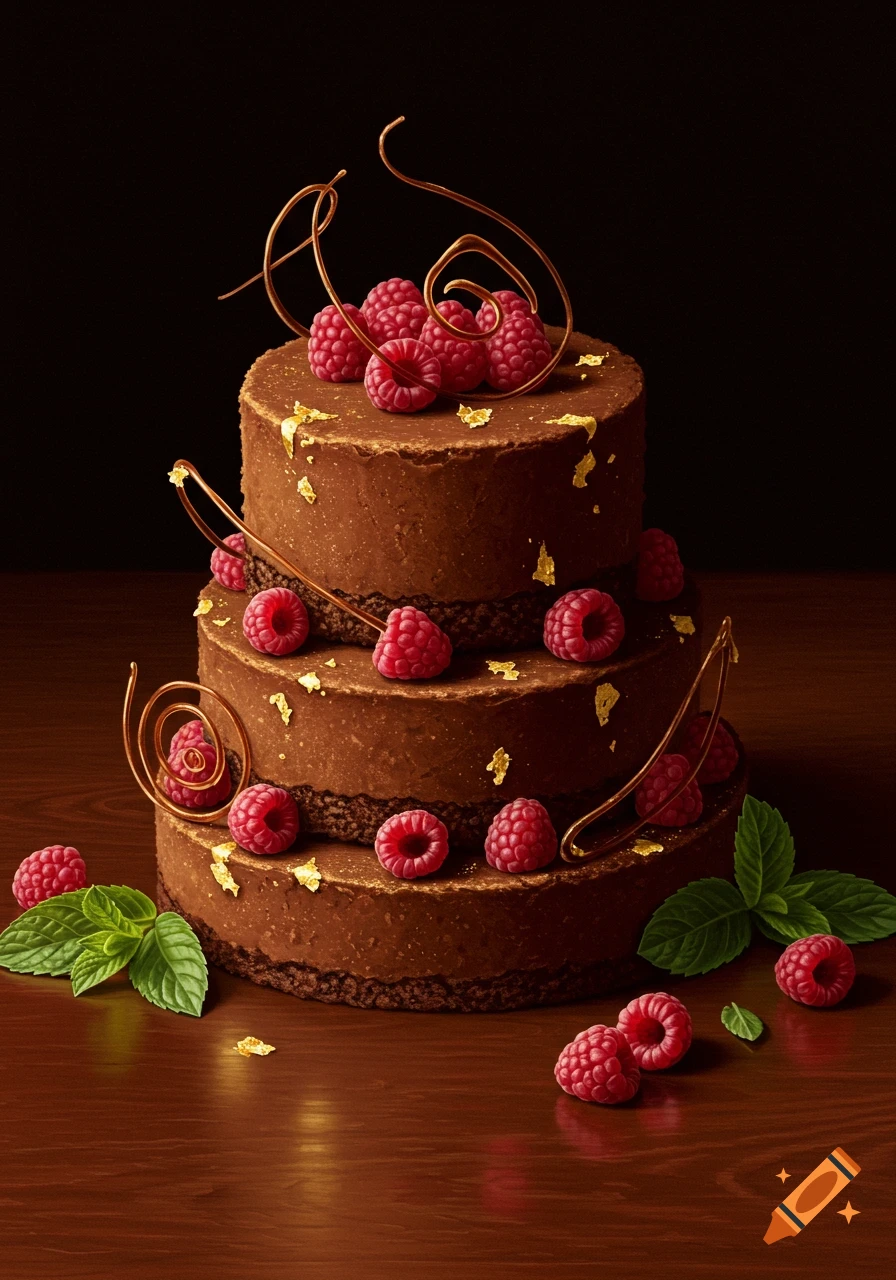 A three-tiered chocolate cake decorated with raspberries, gold flakes, and chocolate swirls on a wooden surface.