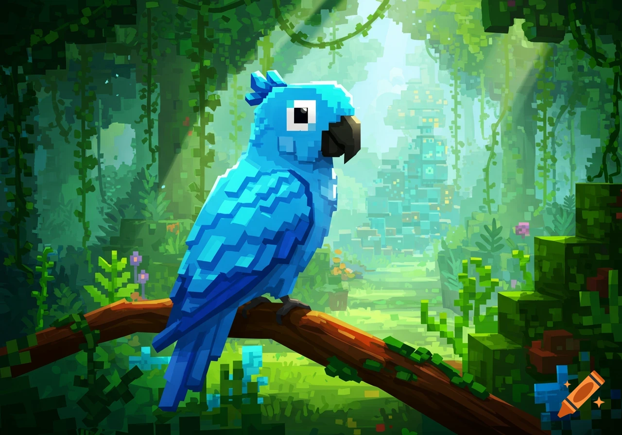 A blue pixel art parrot perches on a branch in a blocky Minecraft-style jungle with ancient ruins in the background.