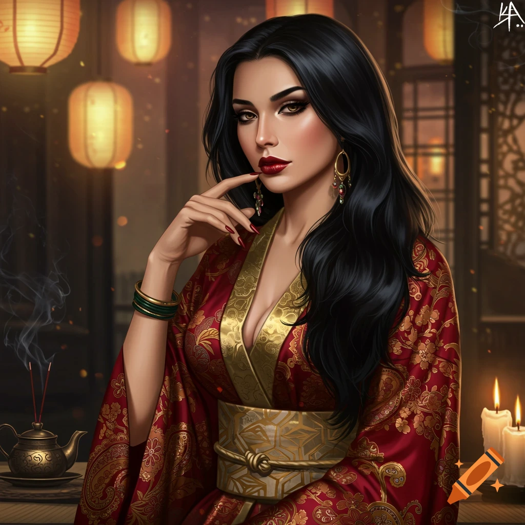 A woman with long black hair and red lips, wearing a red and gold robe, poses indoors with lanterns and incense, in a digital painting style.