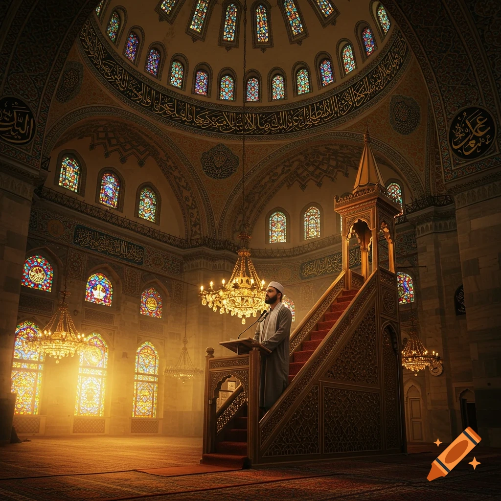 A man stands at a minbar inside a grand mosque, bathed in sunlight filtering through stained glass windows.