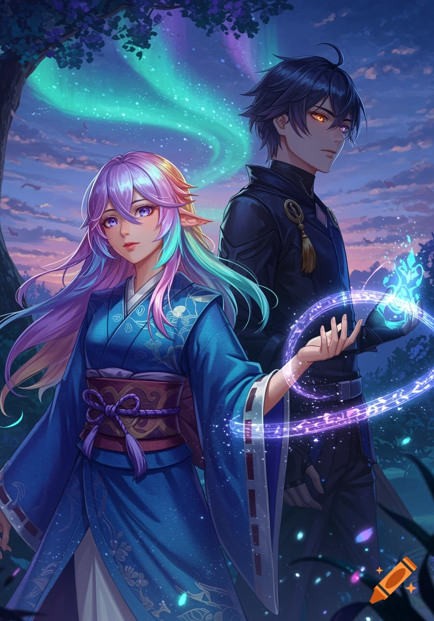 An anime girl with colorful hair in a kimono and an anime boy with glowing eyes, both casting magic under an aurora borealis.