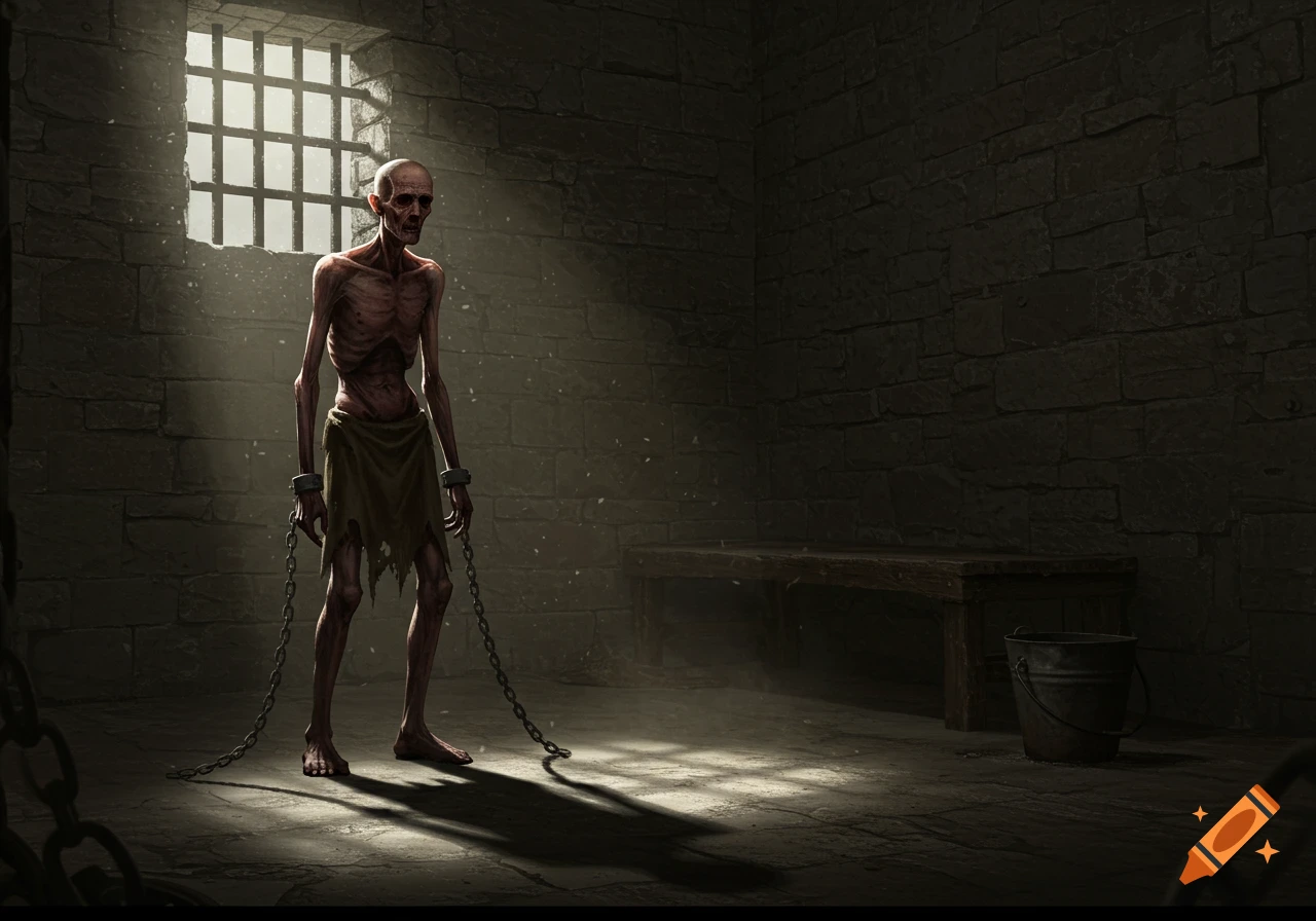 A gaunt, emaciated figure in tattered clothes, shackled with chains, stands in a dimly lit stone prison cell, lit by a single barred window.