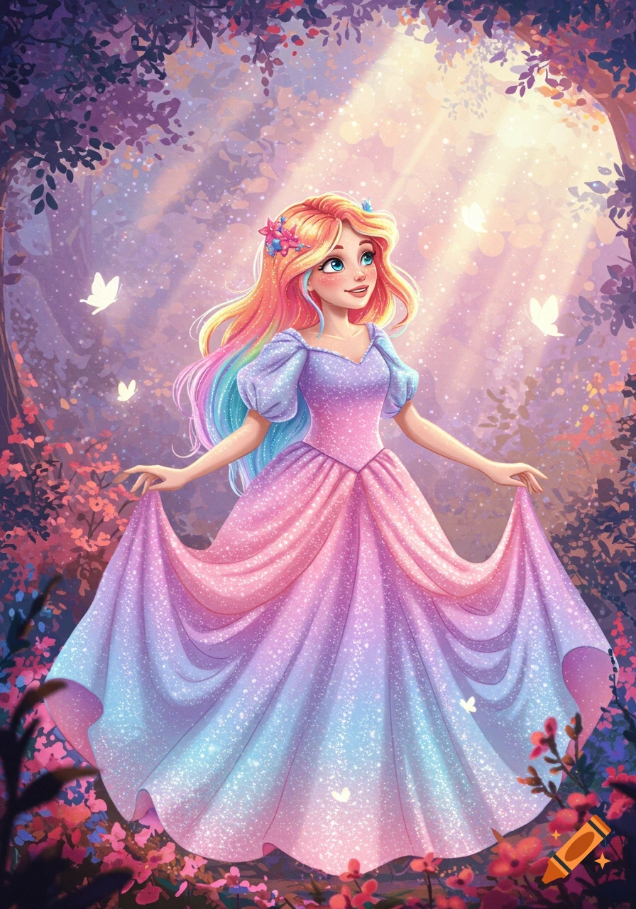 A colorful, sparkly princess with rainbow hair and a pink-purple ombre dress stands in a magical sunlit forest with butterflies.