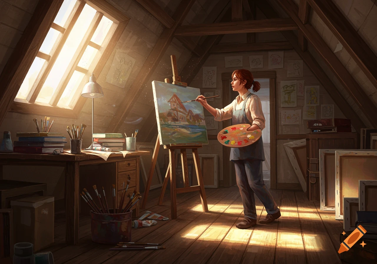 A young woman paints on an easel in a sunlit attic art studio, surrounded by brushes, books, and canvases.