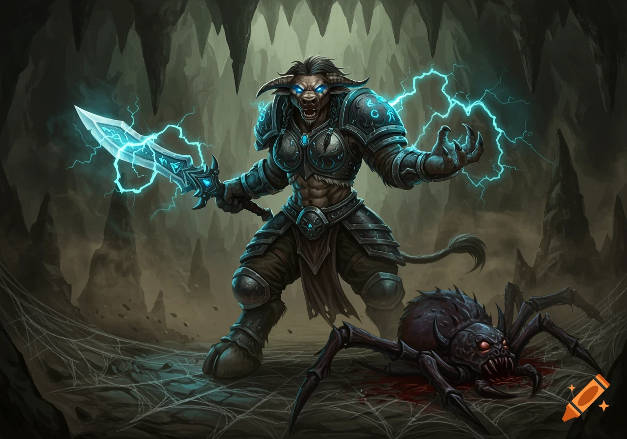 A female Tauren warrior in ornate armor wields a glowing blue sword, standing over a defeated spider in a dark cave.