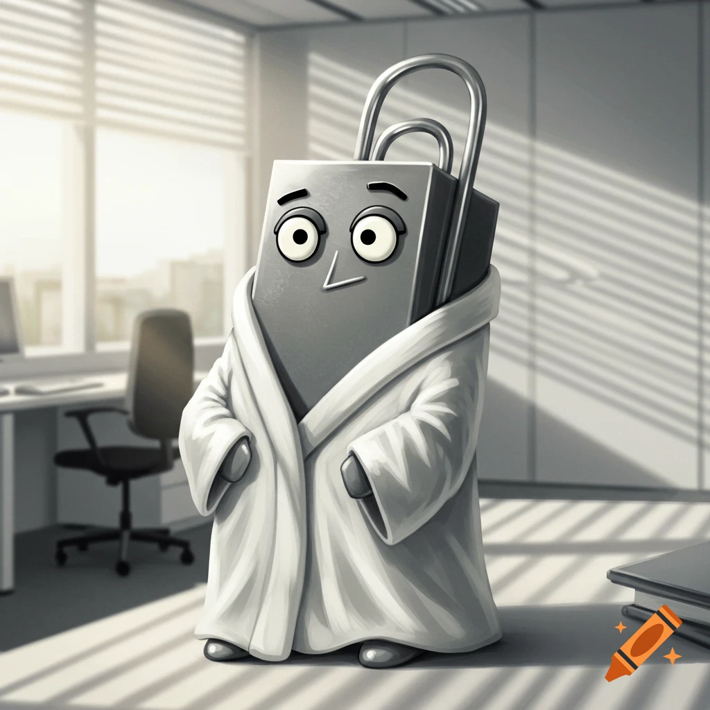 A gray cartoon padlock with eyes and eyebrows wears a white bathrobe in an office setting with a window and desks.