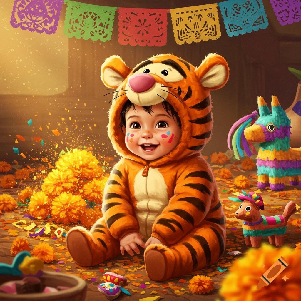 A smiling baby in an orange Tigger costume sits among marigold flowers and confetti under colorful papel picado banners.