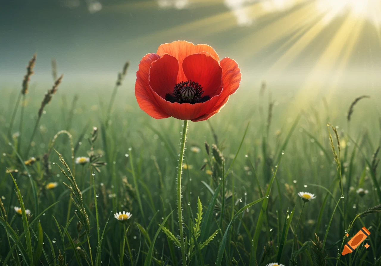 A red poppy flower stands tall in a misty, dew-covered green field with sun rays shining through.
