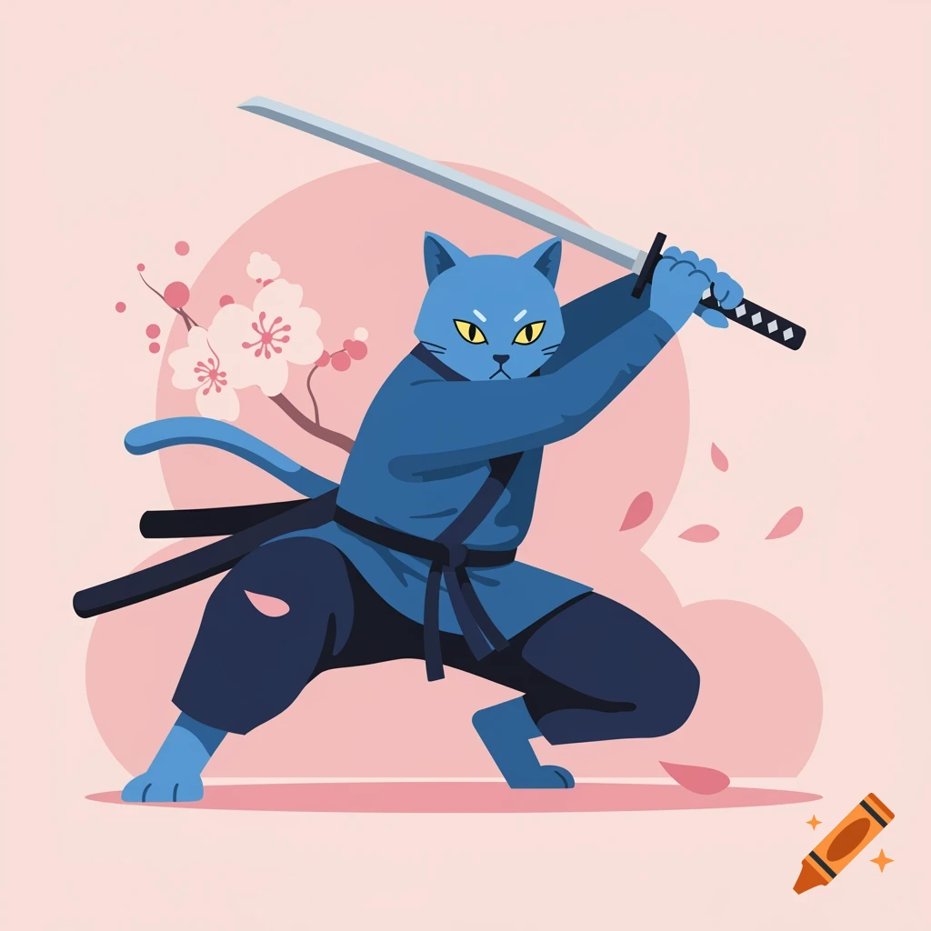 A blue anthropomorphic cat in a samurai outfit crouches, wielding a katana, against a pink background with cherry blossoms. Flat illustration style.