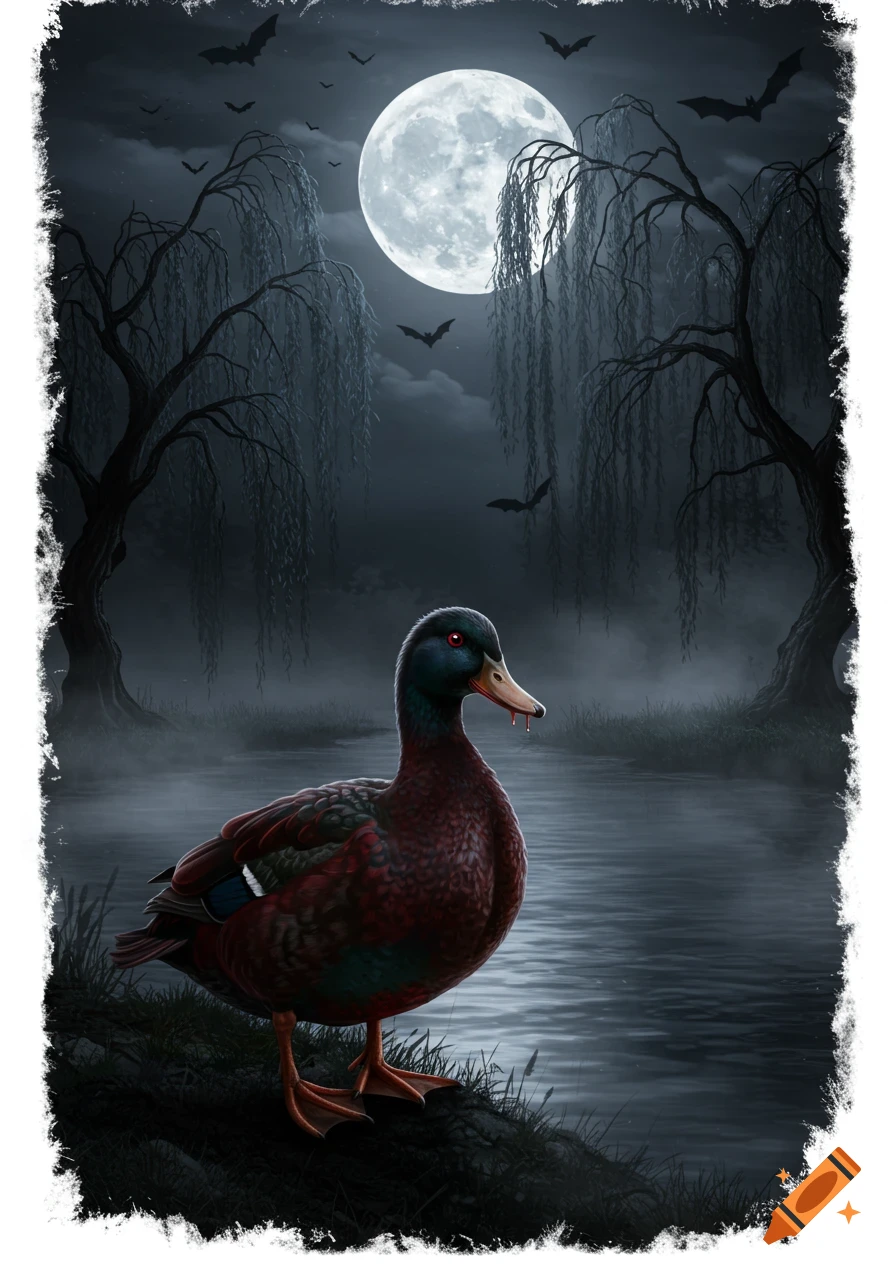 A vampire duck with red eyes and a bloody beak by a misty lake under a full moon with bats and weeping willow trees.