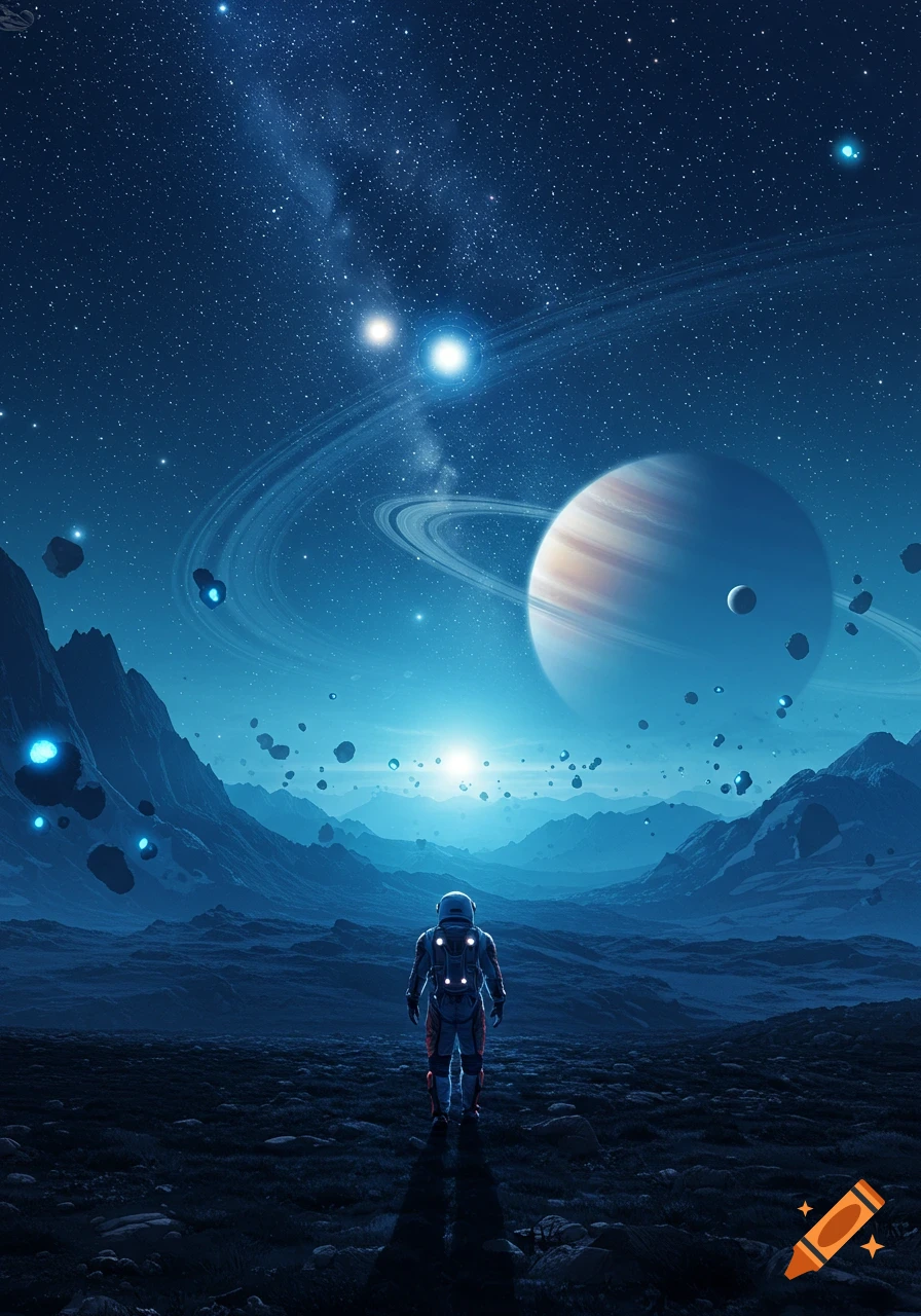 An astronaut stands on a desolate alien planet, looking towards a ringed planet, moon, and bright stars in a vast blue space sky.