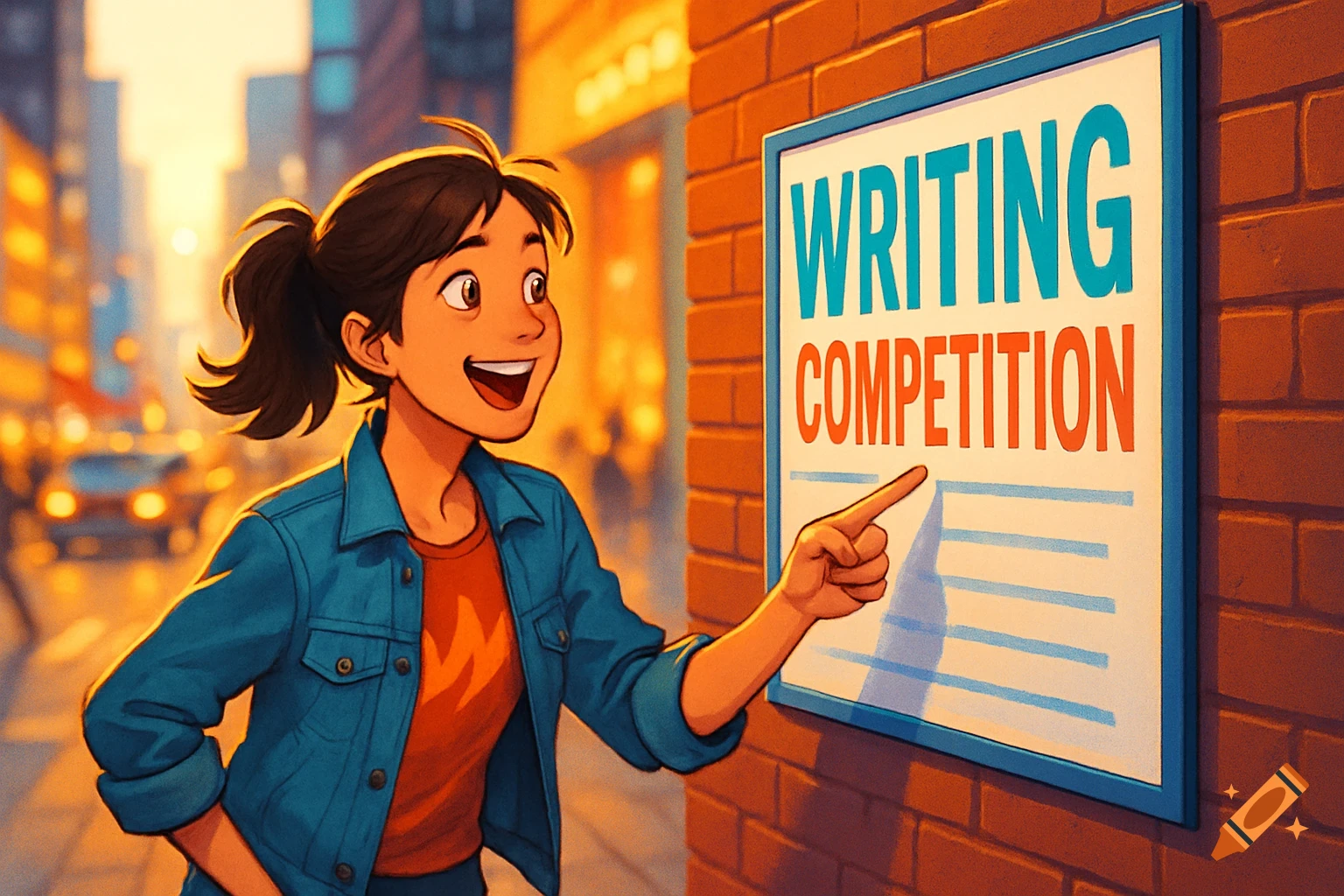 A cartoon girl in a blue jacket pointing at a "Writing Competition" poster on a brick wall in a city.