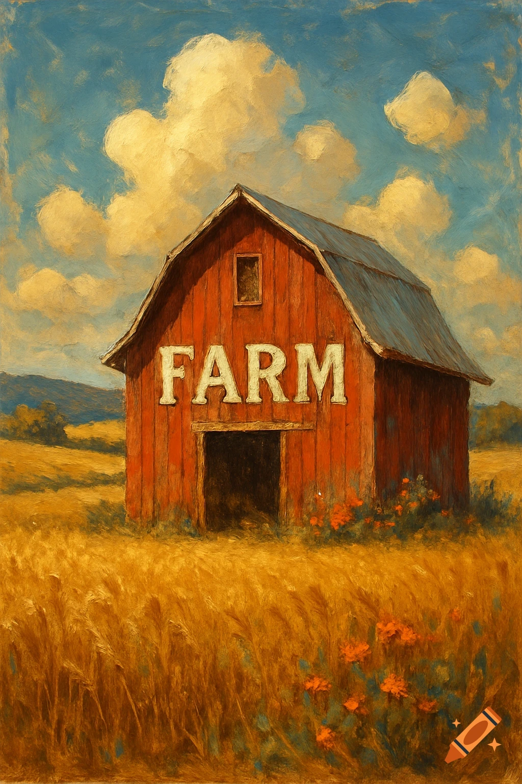 A vibrant, painterly scene of a red barn with 'FARM' written on it, surrounded by a golden field under a cloudy blue sky.
