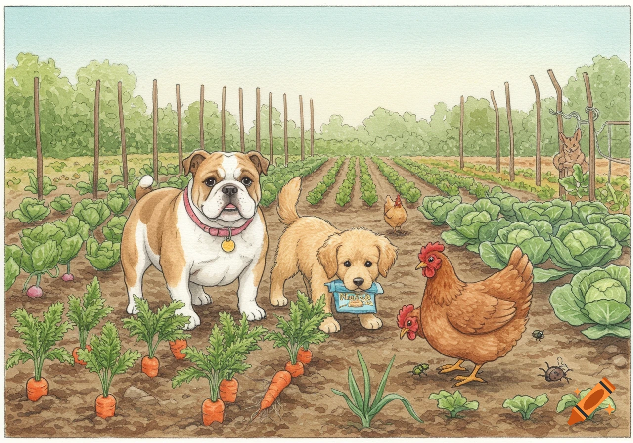 A watercolor illustration of an English Bulldog, a Golden Retriever pup, and two chickens in a vegetable garden with carrots and cabbages.