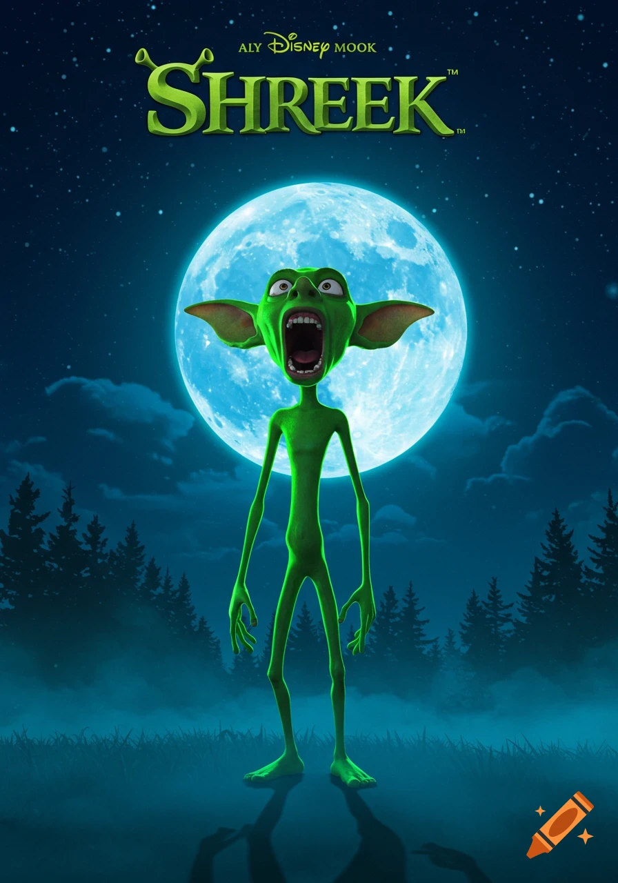 A stylized movie poster for 'Shreek' showing a skinny green goblin yelling at a large bright full moon with forest silhouettes below.