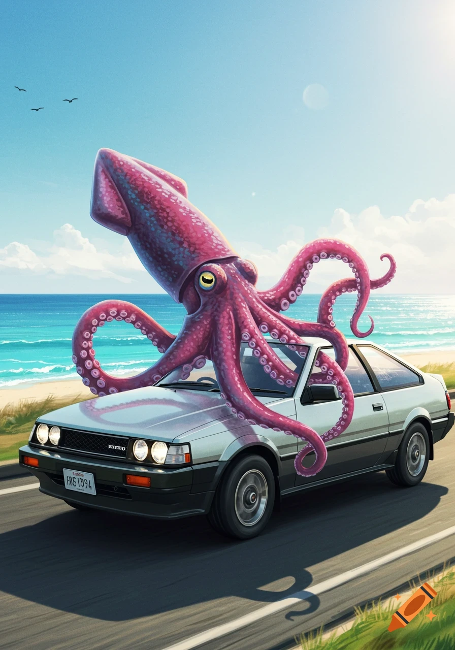 A large pink squid with tentacles wrapped around a white sports car drives along a coastal road next to the ocean under a clear blue sky, in an illustrated style.