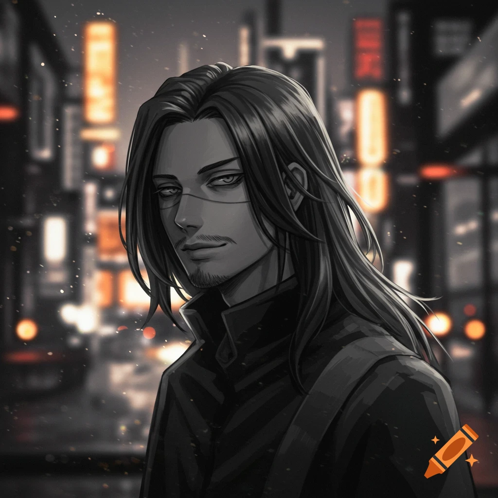 Anime portrait of a male character with long dark hair, a goatee, and a band across his eyes, set against a blurred city night background with glowing lights.