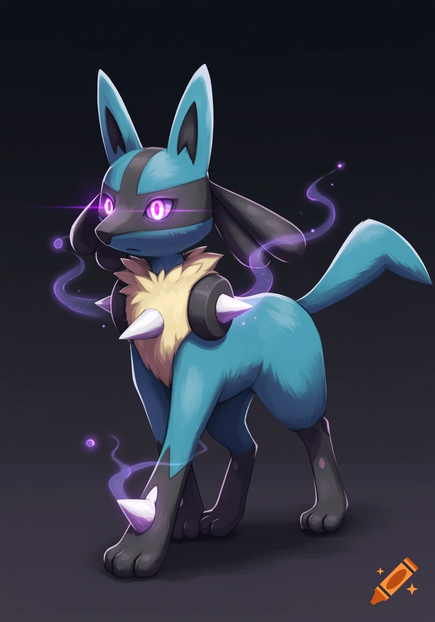 A four-legged Regional Lucario with blue fur, black markings, and yellow chest fur, stands with glowing purple eyes and mystical purple wisps of energy swirling around it on a dark background.