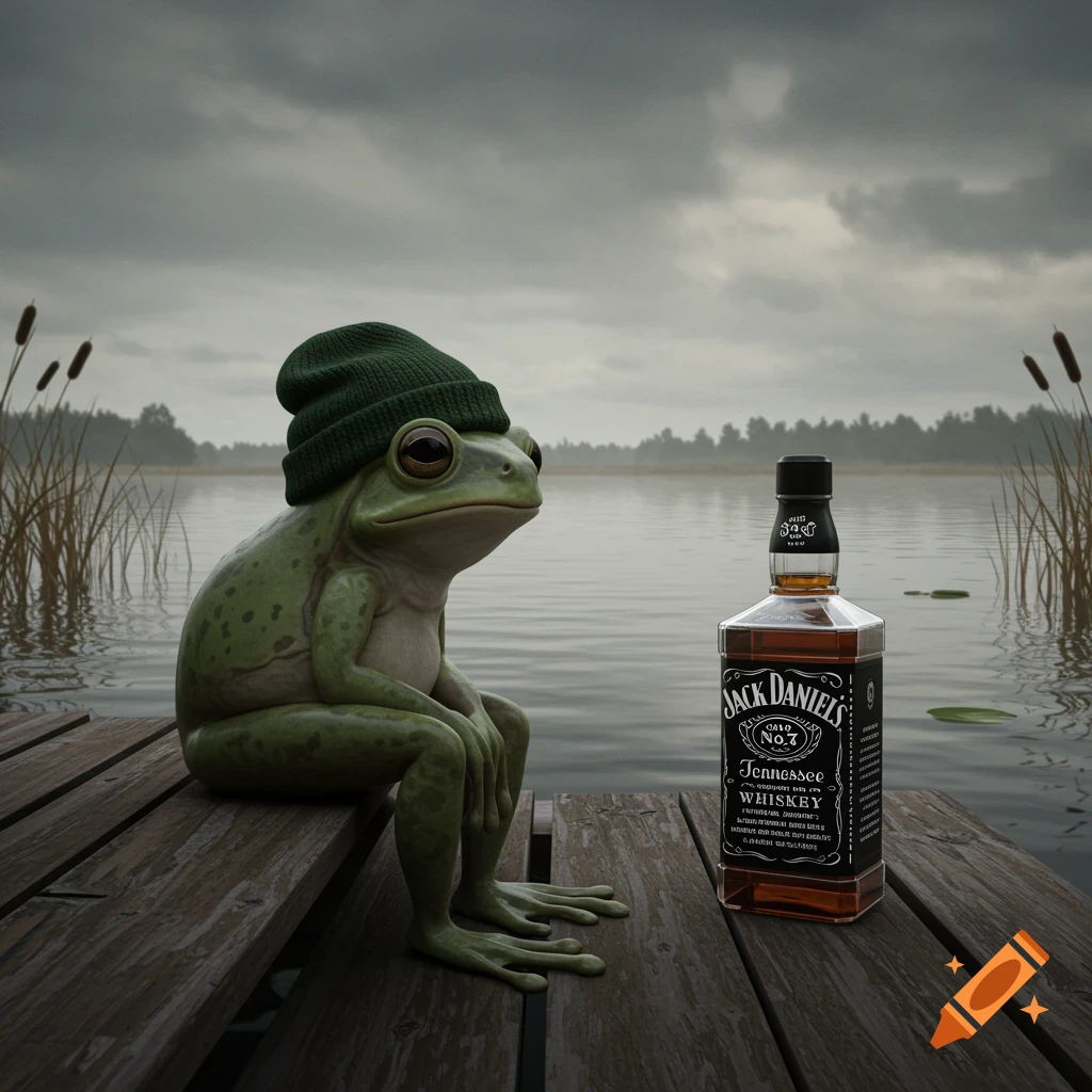 A sad-looking green frog wearing a dark green beanie sits on a wooden dock next to a bottle of Jack Daniel's whiskey, looking out over a misty lake under a cloudy sky.