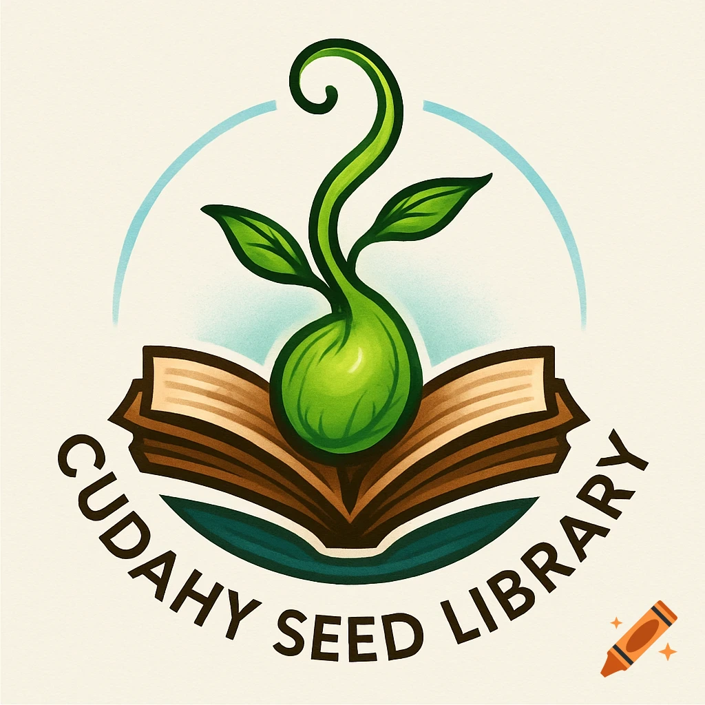 Logo for Cudahy Seed Library featuring a green sprout growing from an open book, with the text 'CUDAHY SEED LIBRARY'.