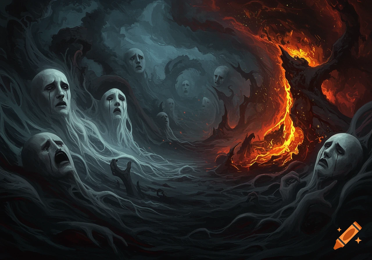 A dark, surreal painting of pale, crying faces emerging from swirling tendrils, contrasting with a fiery inferno, depicting a purgatory.