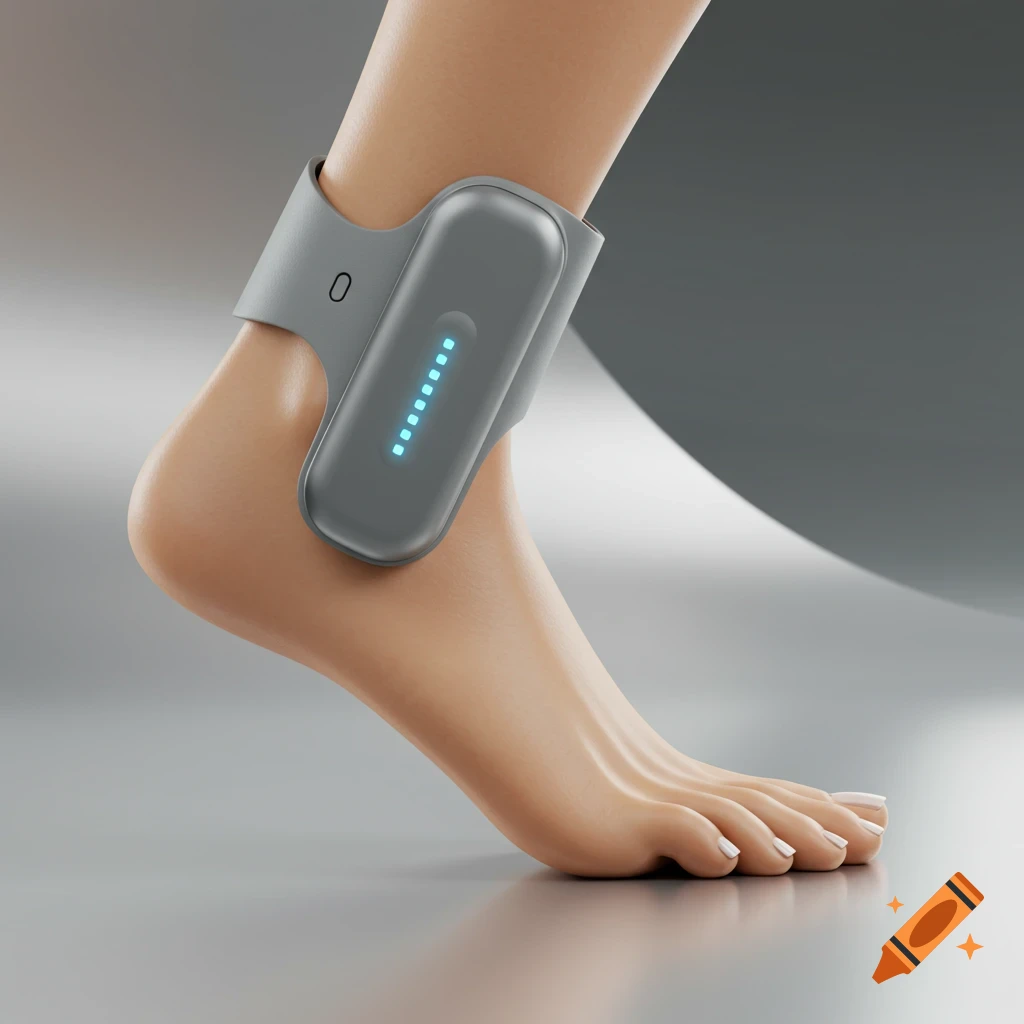 A close-up photorealistic shot of a grey electronic ankle tracker with glowing blue lights on a human leg, set against a blurred light grey background.