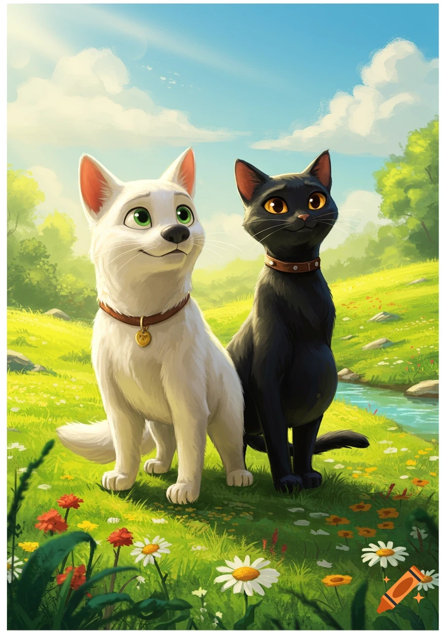 A white dog-like cat and a black cat sit in a sunny green field with flowers and a stream, in a Disney-style animation.