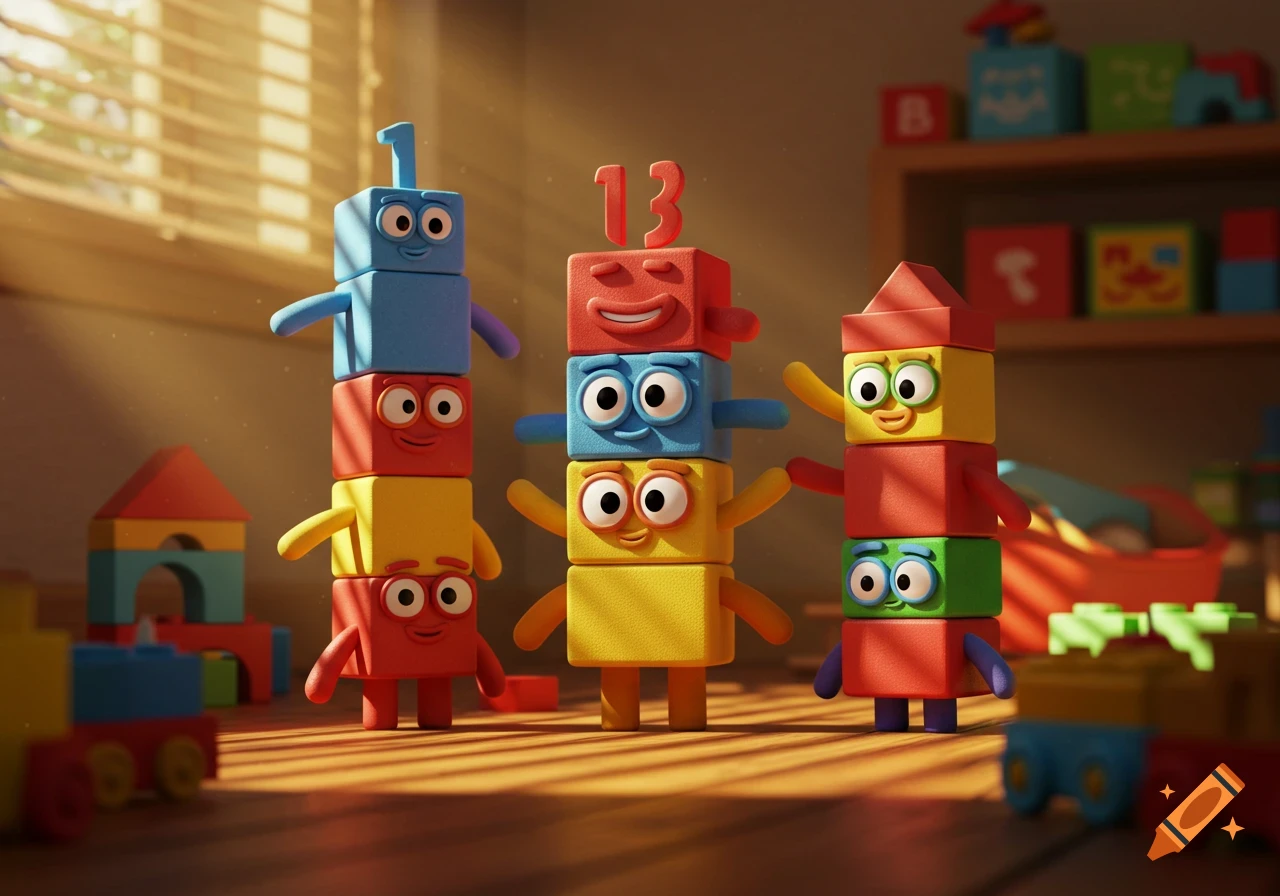 Colorful block characters resembling Numberblocks toys stand in a sunlit child's room filled with other toys.