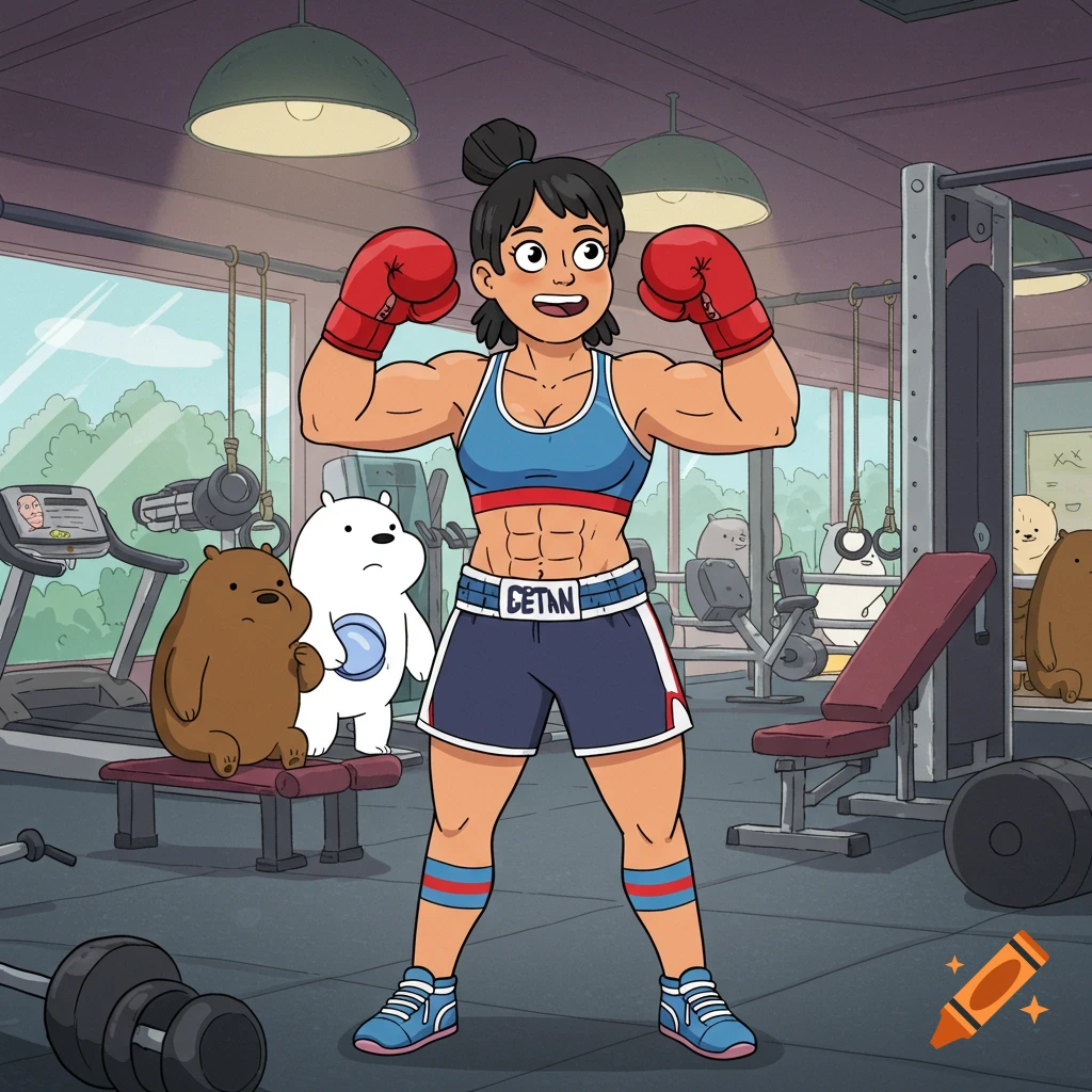 A muscular female boxer in a blue top and red gloves flexes in a gym, with Grizz and Ice Bear from We Bare Bears watching her.