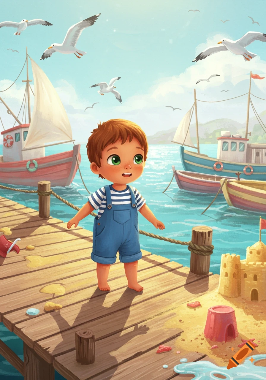 A cute little boy with green eyes stands on a wooden pier next to boats, sand, and seagulls in a bright children's book illustration.