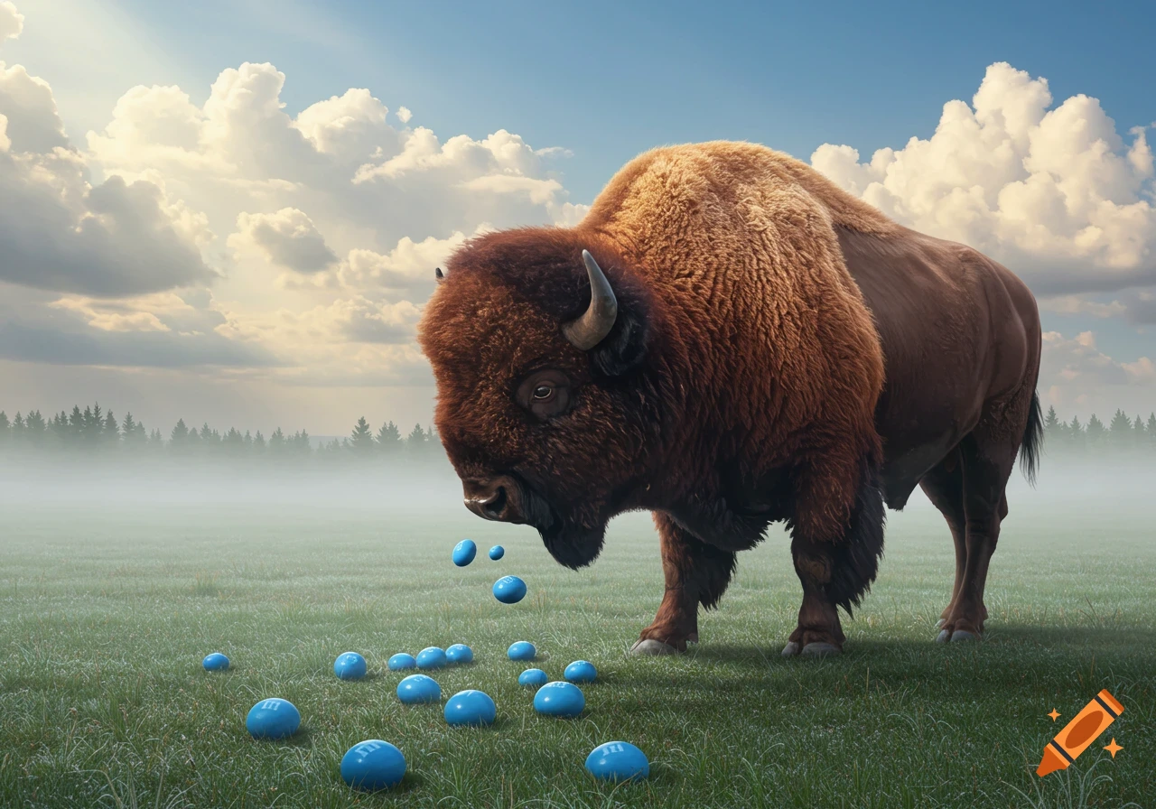 A photorealistic buffalo stands in a misty field, looking down at many blue M&M candies on the grass.