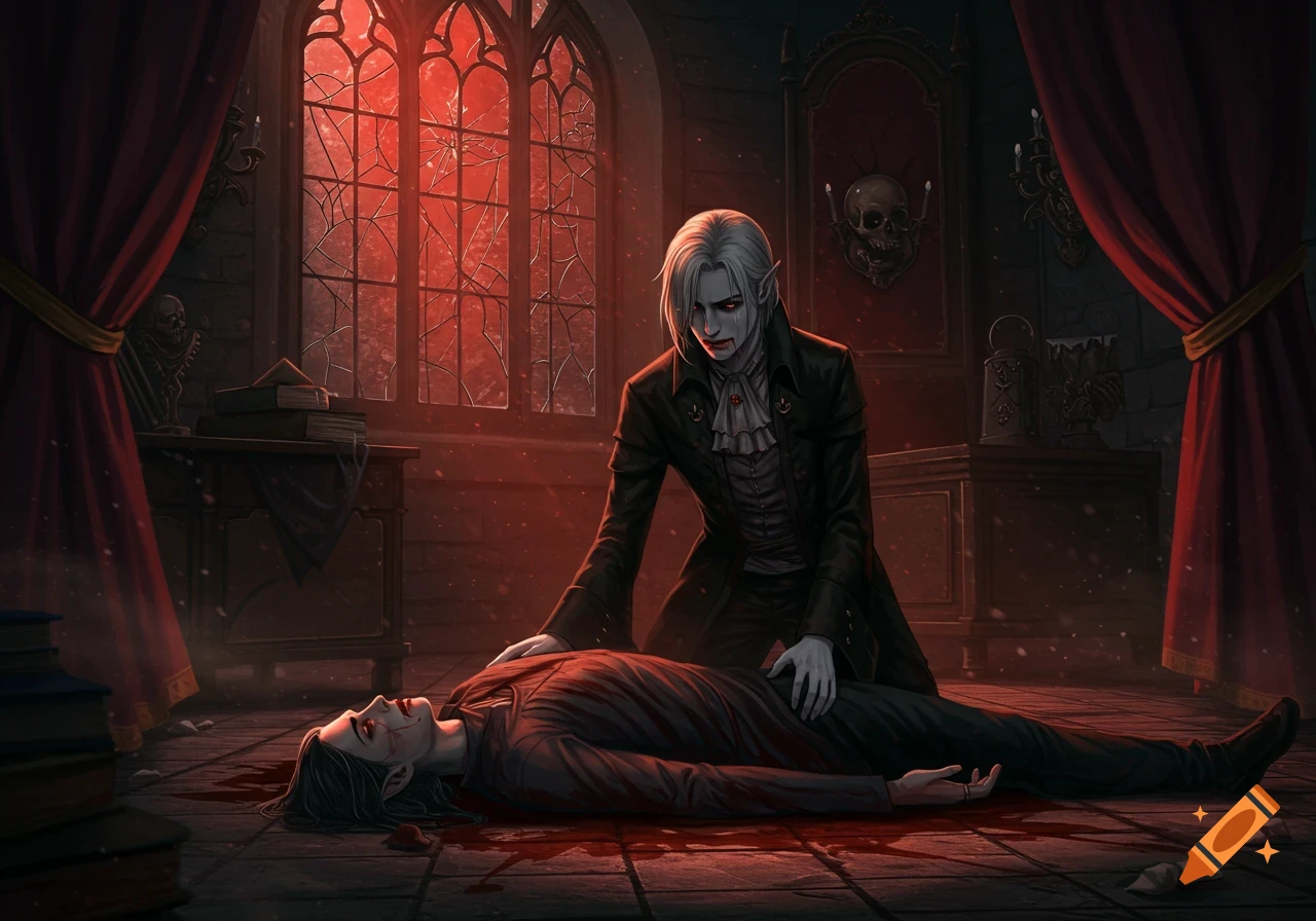 A pale vampire kneels beside a fallen figure on a blood-stained floor in a gothic chamber with a red-lit window, dark anime style.