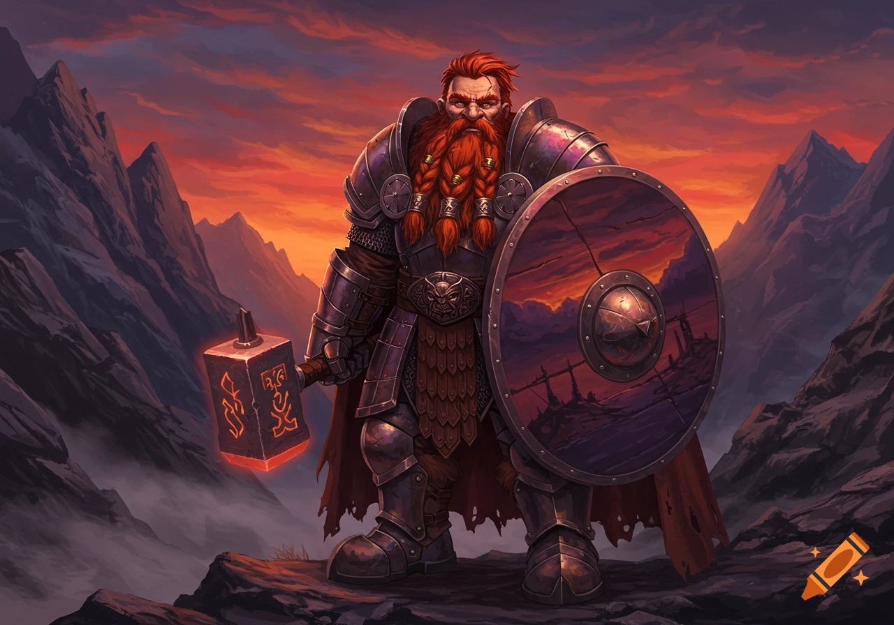 Heavily armored dwarf with braided red beard, glowing warhammer, and shield on a mountain, dramatic sunset sky.