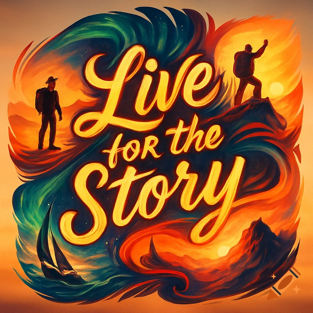 Colorful stylized illustration reading "Live for the Story" with adventurers and a sailboat.