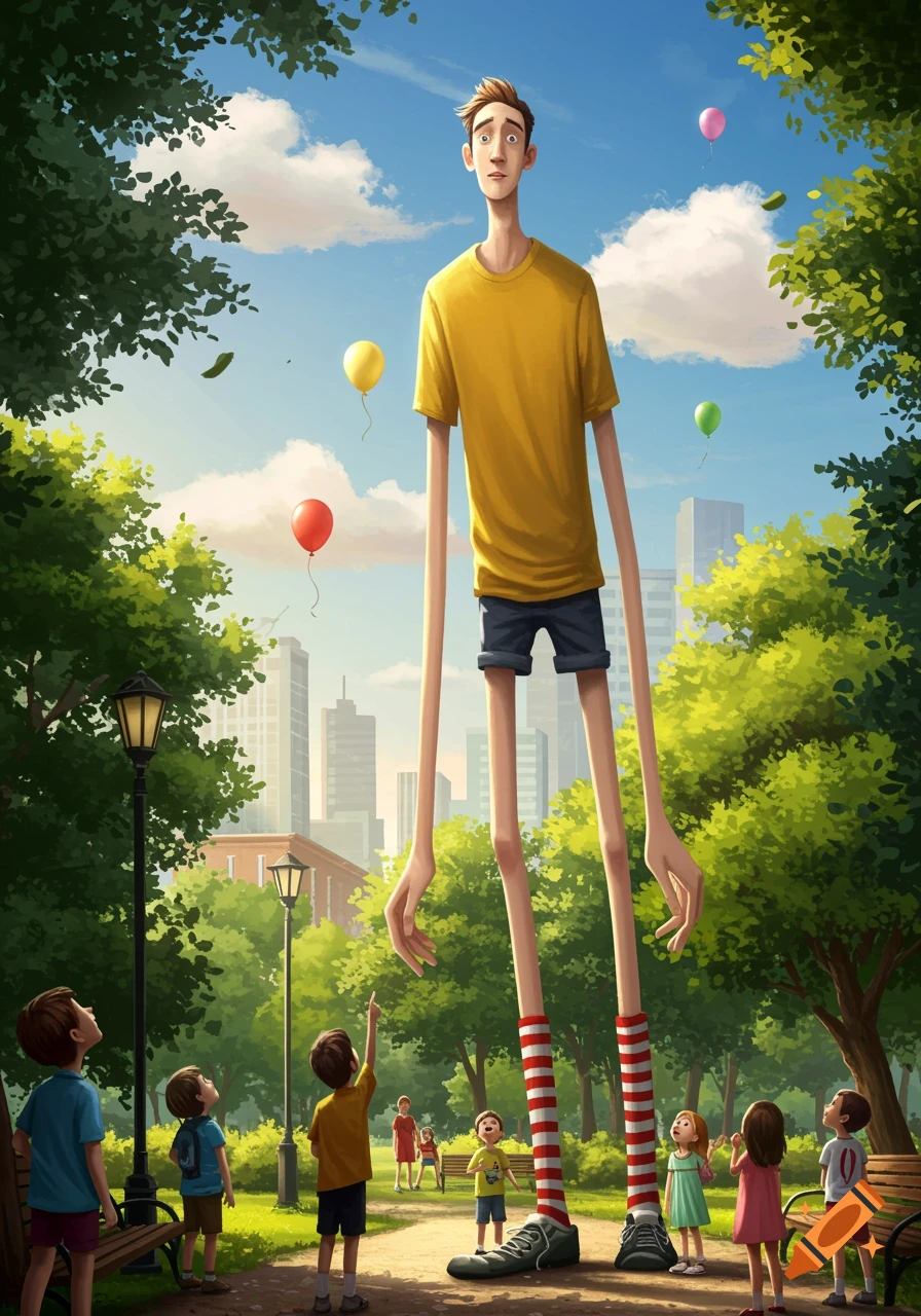 A towering, slender man in a yellow shirt and striped socks stands in a park with children gazing up at him, under a sunny sky with balloons and city buildings, in a cartoon style.