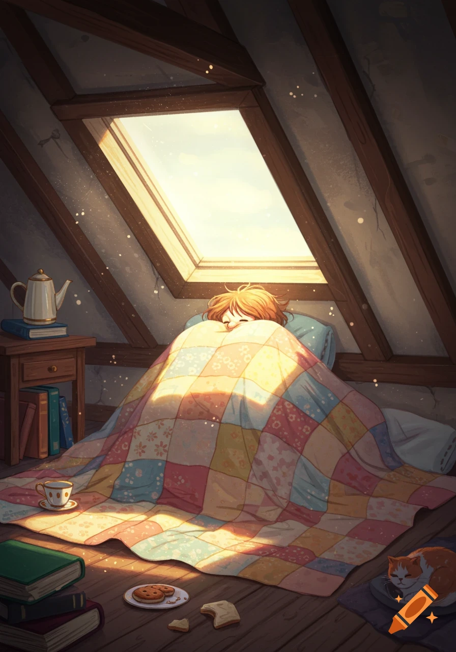 A cozy anime scene of a person sleeping under a colorful quilt in a sunny attic with a cat and books.