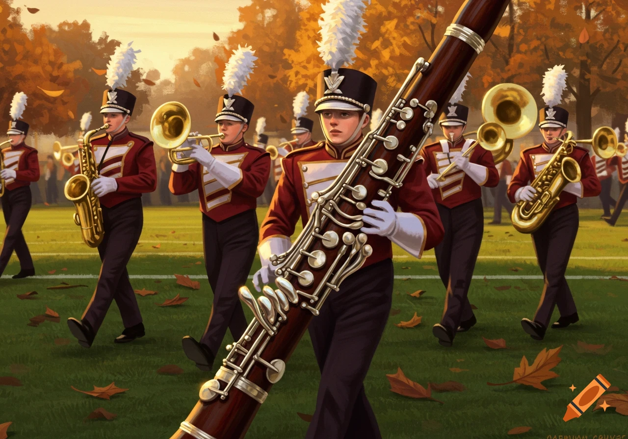 A marching band parades on a grassy field in autumn, with one member holding an oversized bass clarinet.