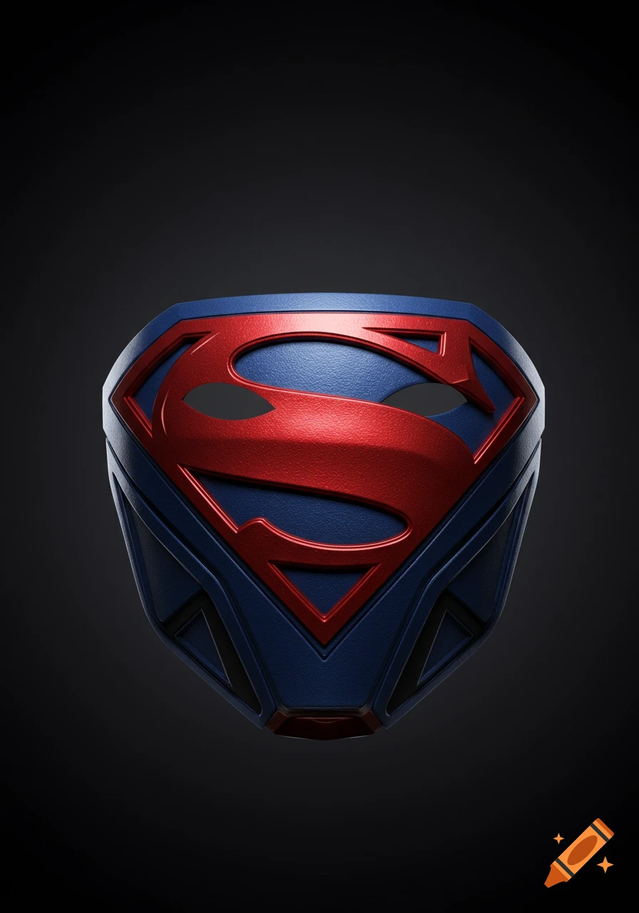 A 3D rendered close-up of a blue Superman mask with a metallic red 'S' emblem on a dark background.