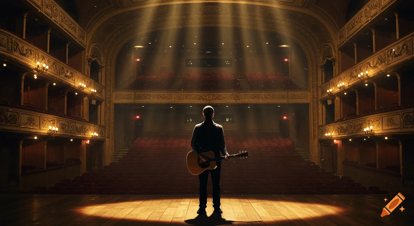 A man with a guitar stands on a spotlighted stage in an empty, ornate theater with red seats.