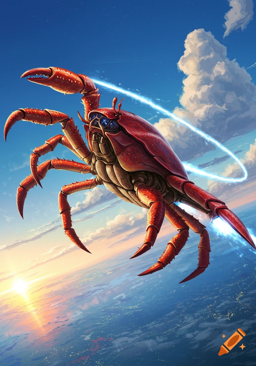 A giant red crab-like jet flies through the sky above Earth, leaving a glowing blue contrail.