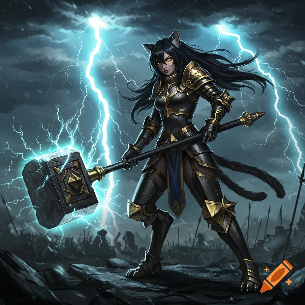 A catgirl warrior in black and gold armor wields a warhammer under a stormy, lightning-filled sky on a battlefield.