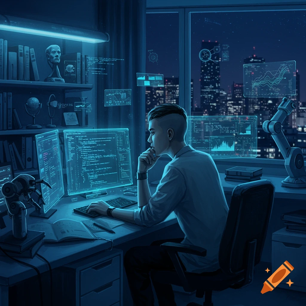 A young man intently works on multiple glowing blue computer screens in a dark, high-tech room with a city view at night.
