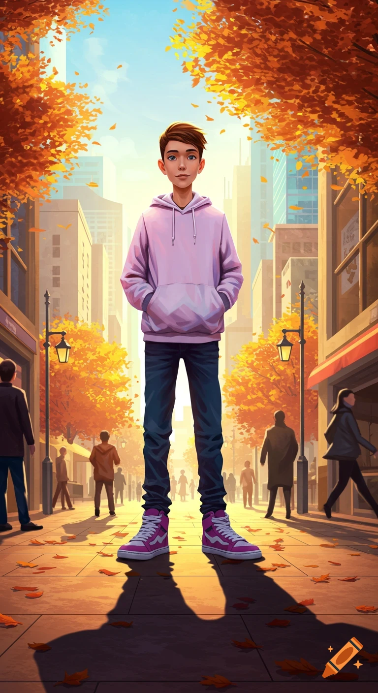 An illustrated young boy in a pink hoodie stands on an autumn city street with orange trees and buildings.