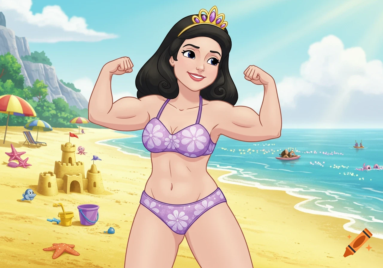 A cartoon princess in a purple bikini flexing her muscles on a sunny beach with a sandcastle and ocean in the background.
