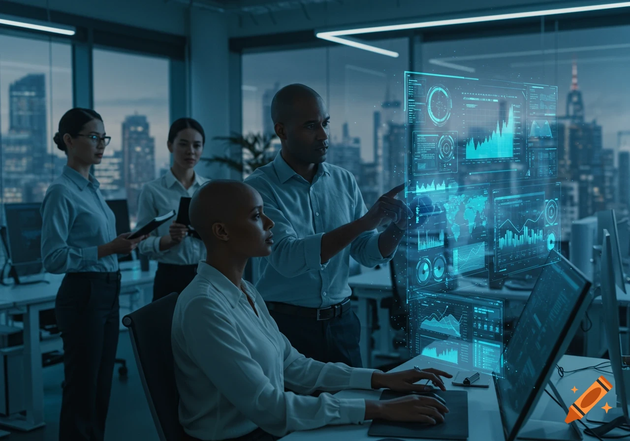 Business professionals collaborating in a modern office with a holographic display, city skyline visible through windows.